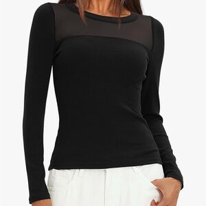 Cotton Black Mesh Long Sleeve Fitted Top
